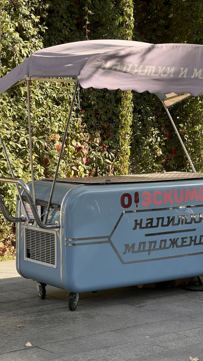 Фургон с мороженым на фоне плюща