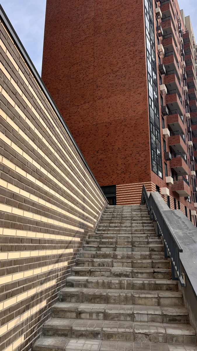 Высокая лестница с кирпичной стеной на фоне