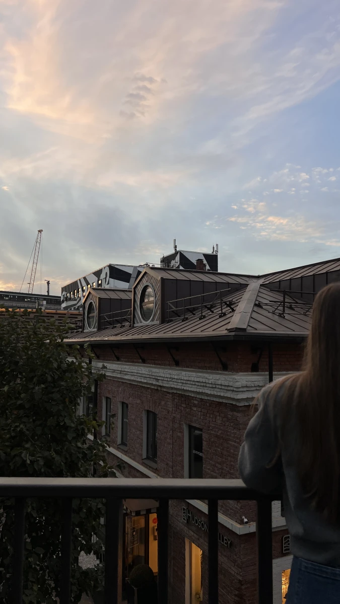 Мостик с видом на крыши с круглыми окнами