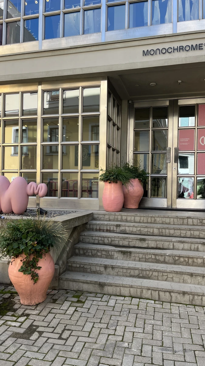 Розовые кашпо и лестница магазина Monochrome