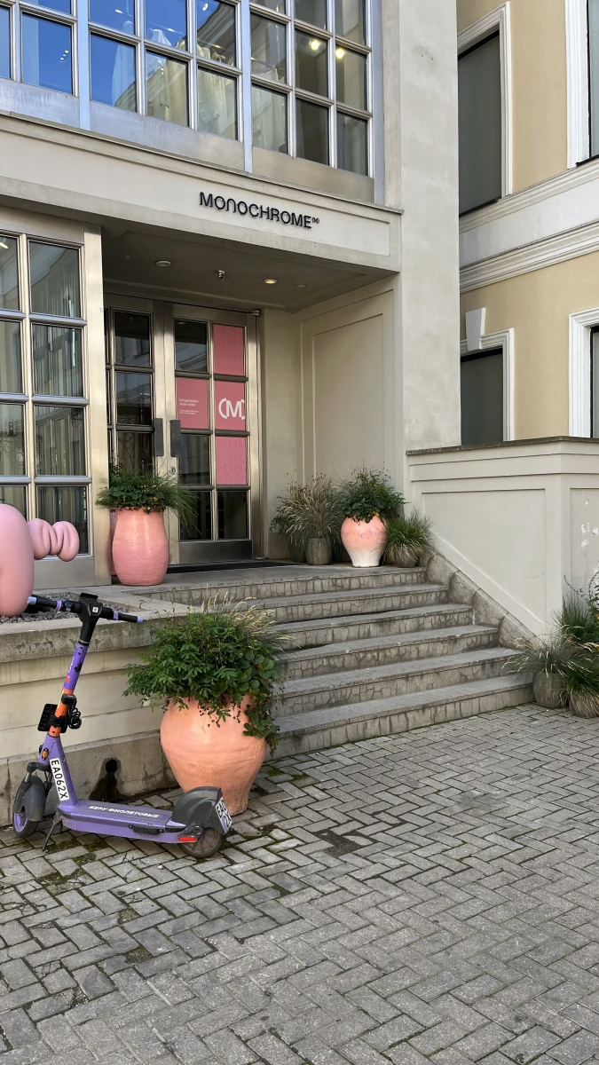 Розовые кашпо и лестница магазина Monochrome